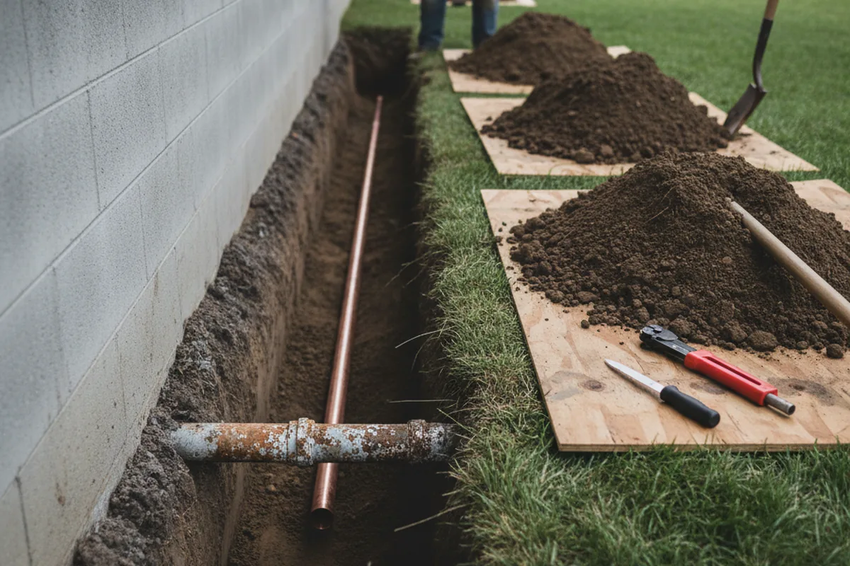 Excavated water line trench during Sewer Line Repair in Foley